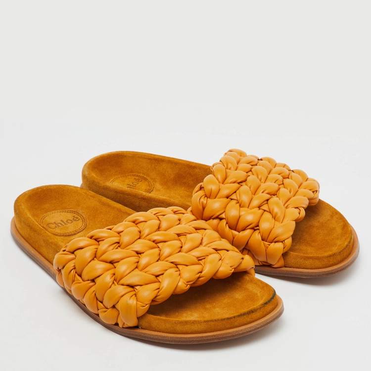 Pre Owned Chloé Yellow Braided Leather Kacey Flat Slide Sandals Size 39