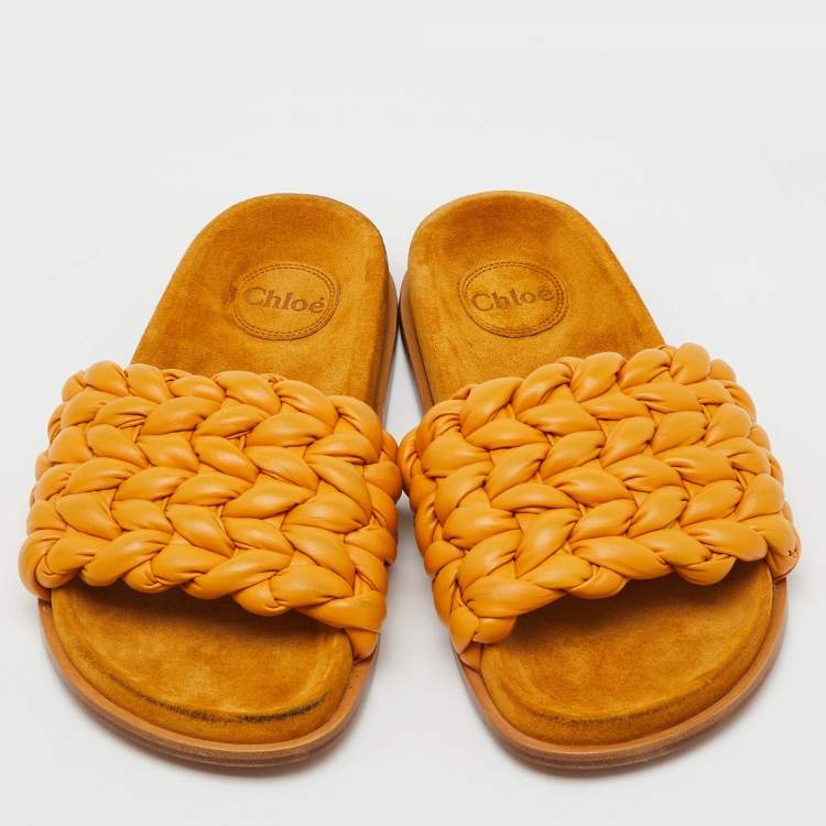 Pre Owned Chloé Yellow Braided Leather Kacey Flat Slide Sandals Size 39