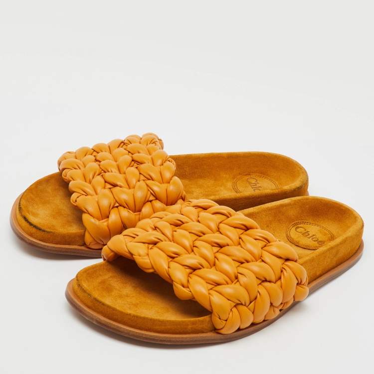 Pre Owned Chloé Yellow Braided Leather Kacey Flat Slide Sandals Size 39