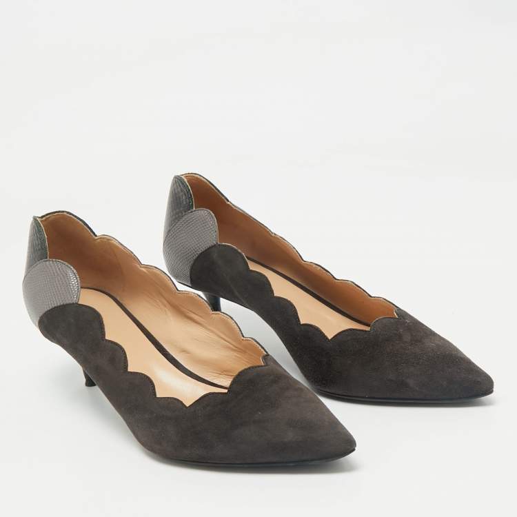 Pre Owned Chloe Grey/Black  Lizard Embossed Leather and Suede Scalloped Pointed Toe Pumps Size 40.5