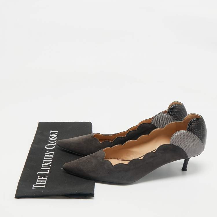 Pre Owned Chloe Grey/Black  Lizard Embossed Leather and Suede Scalloped Pointed Toe Pumps Size 40.5