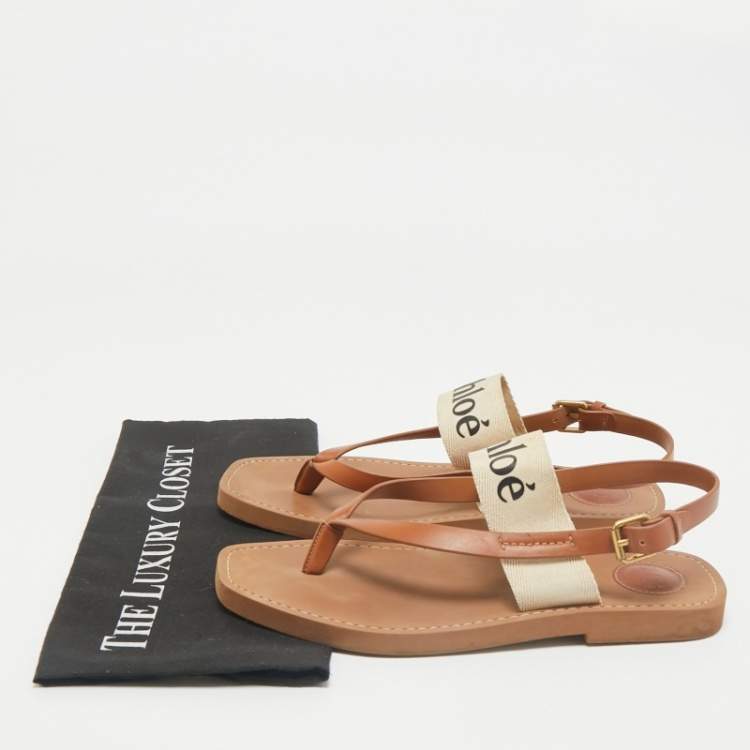 Pre Owned Chloe Brown Canvas and Leather Woody Thong Slingback Flat Sandals Size 41