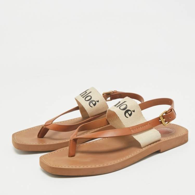 Pre Owned Chloe Brown Canvas and Leather Woody Thong Slingback Flat Sandals Size 41