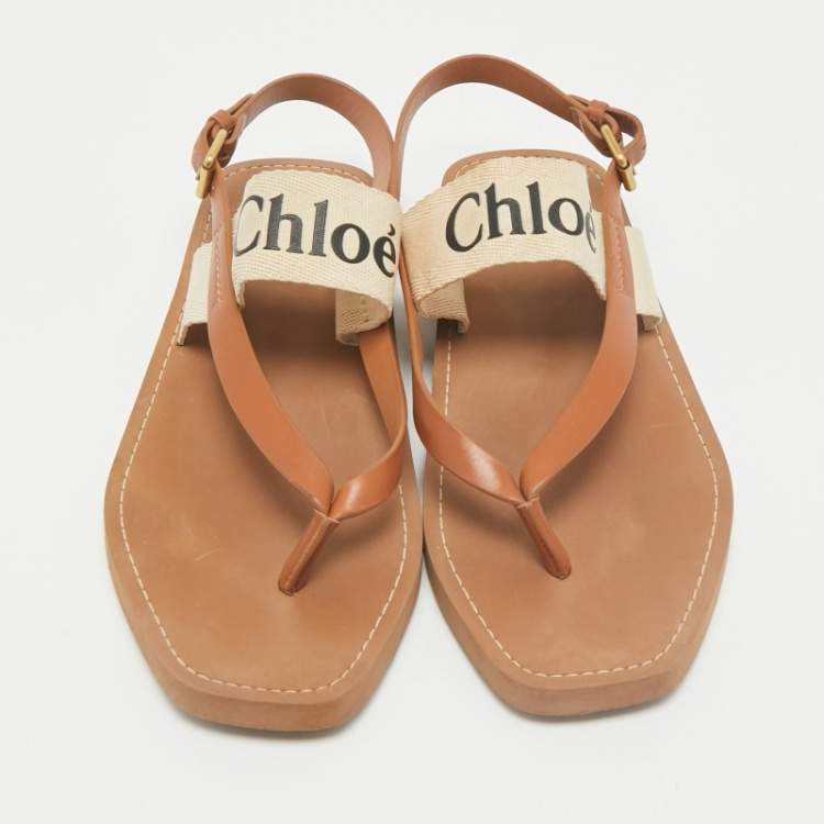 Pre Owned Chloe Brown Canvas and Leather Woody Thong Slingback Flat Sandals Size 41