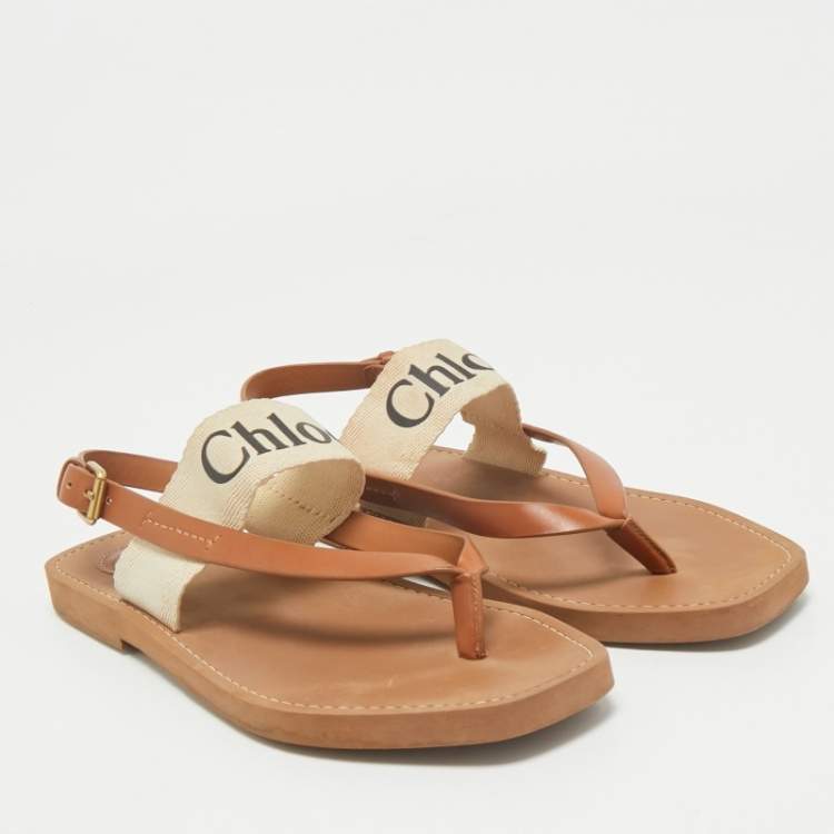 Pre Owned Chloe Brown Canvas and Leather Woody Thong Slingback Flat Sandals Size 41