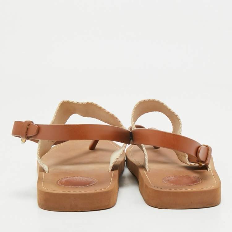 Pre Owned Chloe Brown Canvas and Leather Woody Thong Slingback Flat Sandals Size 41