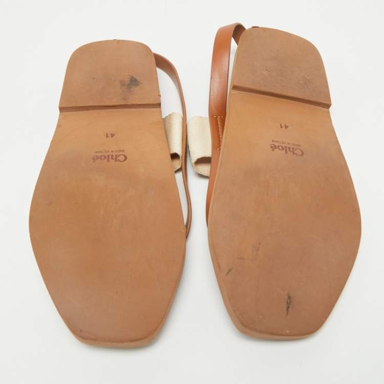 Pre Owned Chloe Brown Canvas and Leather Woody Thong Slingback Flat Sandals Size 41