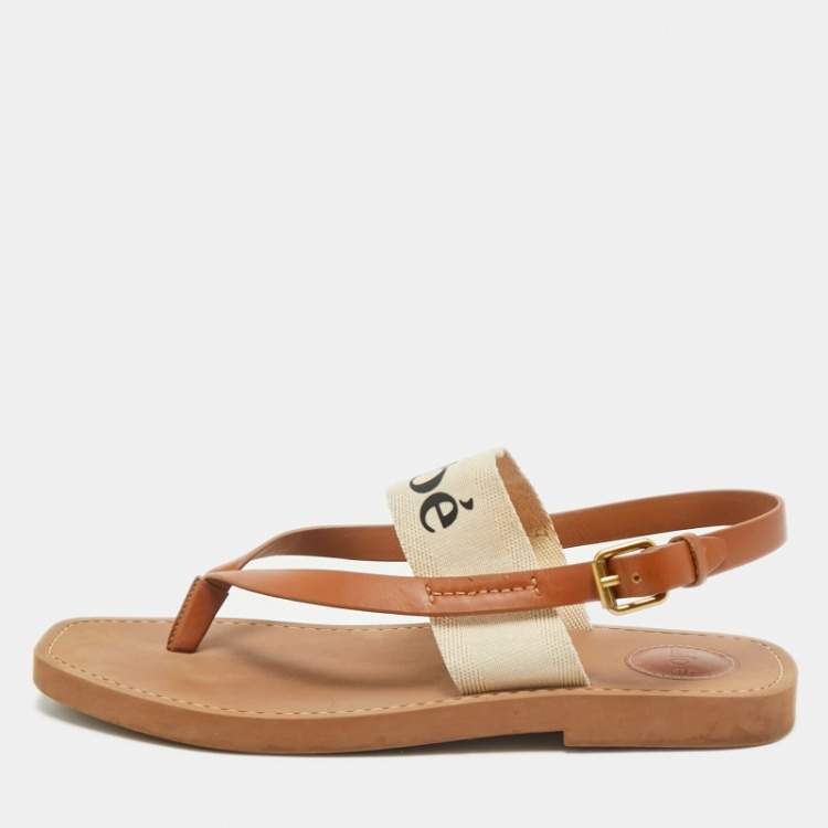 Pre Owned Chloe Brown Canvas and Leather Woody Thong Slingback Flat Sandals Size 41