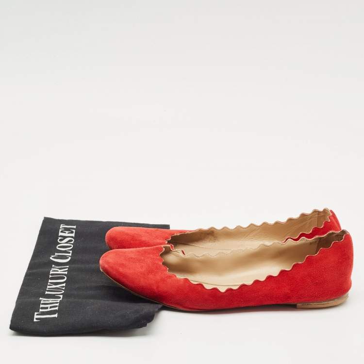 Pre Owned Chloe Red Suede Lauren Scalloped Ballet Flats Size 37.5