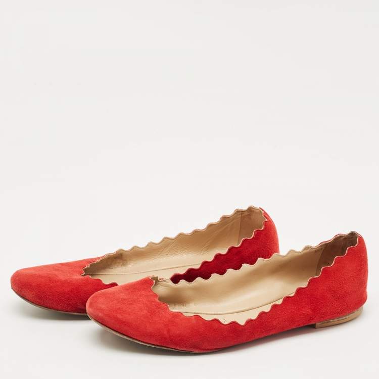 Pre Owned Chloe Red Suede Lauren Scalloped Ballet Flats Size 37.5