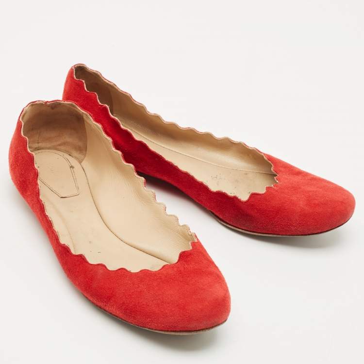 Pre Owned Chloe Red Suede Lauren Scalloped Ballet Flats Size 37.5