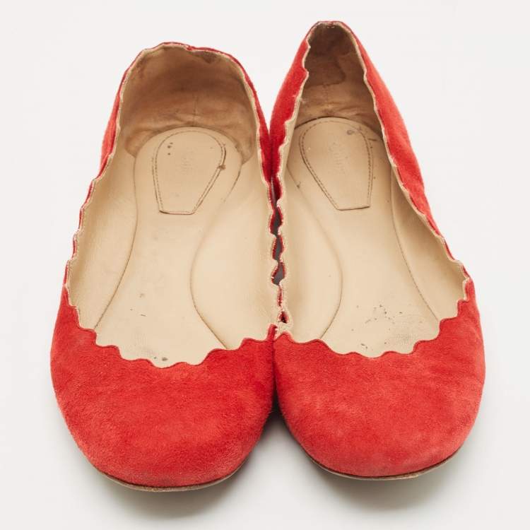 Pre Owned Chloe Red Suede Lauren Scalloped Ballet Flats Size 37.5
