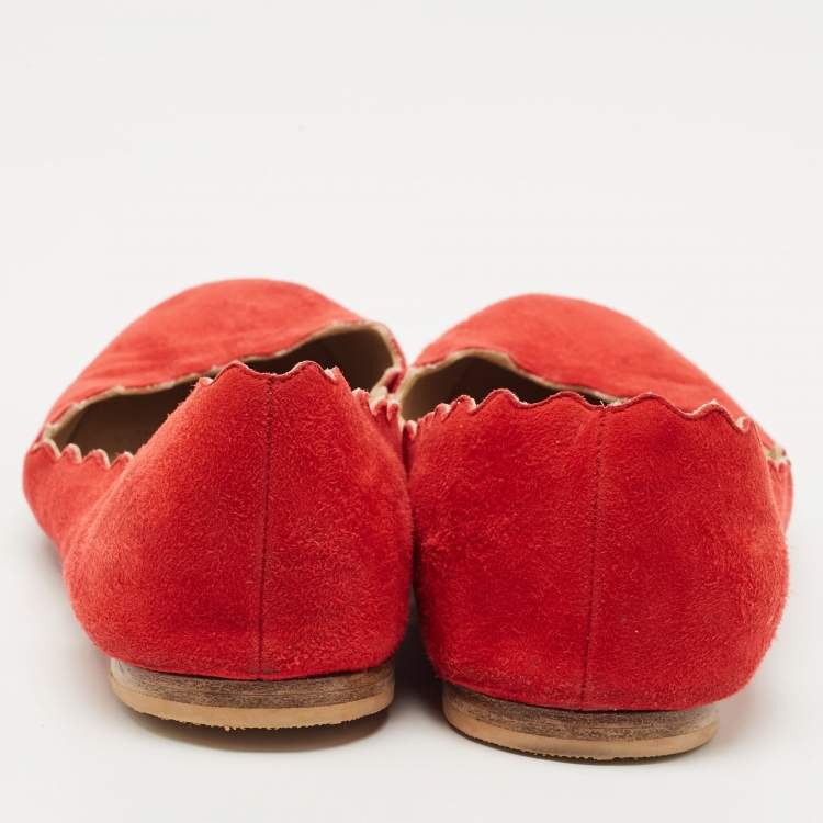 Pre Owned Chloe Red Suede Lauren Scalloped Ballet Flats Size 37.5