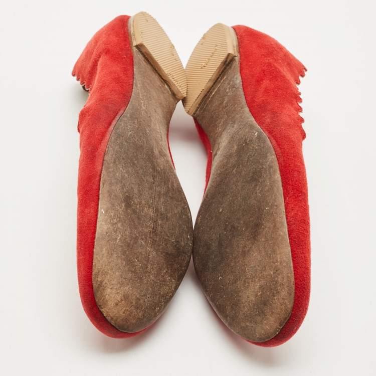 Pre Owned Chloe Red Suede Lauren Scalloped Ballet Flats Size 37.5