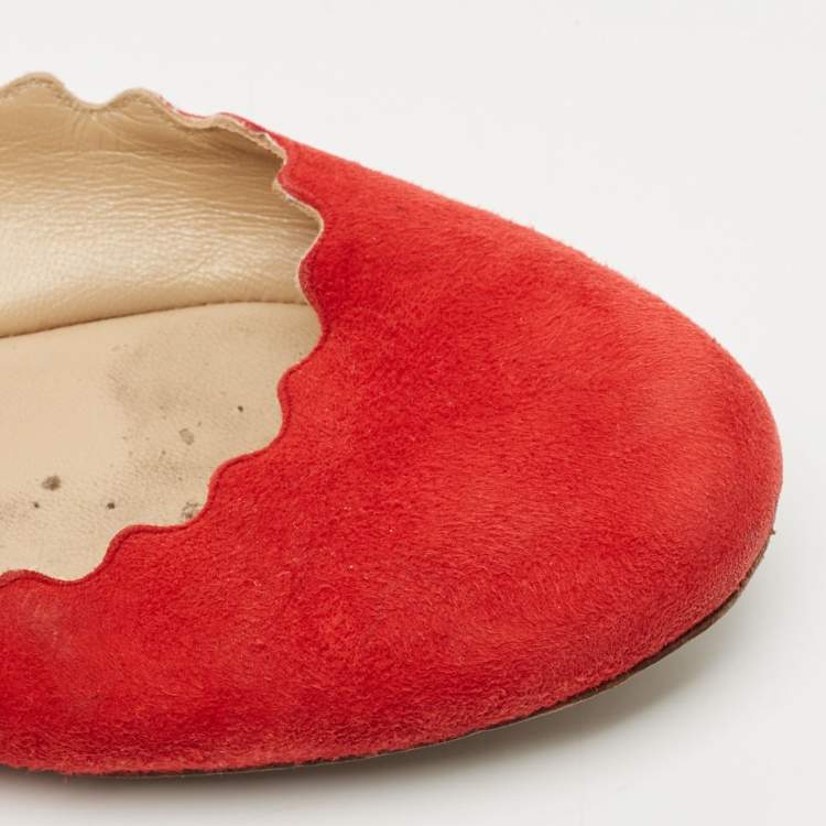 Pre Owned Chloe Red Suede Lauren Scalloped Ballet Flats Size 37.5