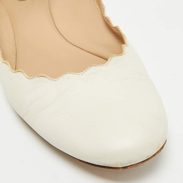 Pre Owned Chloe White Leather Lauren Scalloped Ballet Flats Size 38