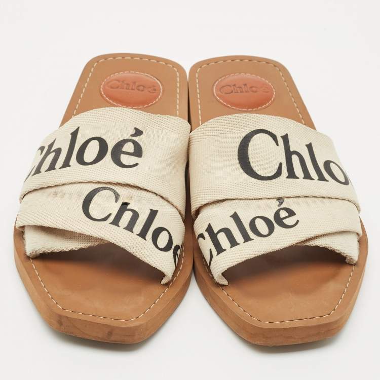 Pre Owned Chloe Off White Logo Print Canvas Woody Flat Slides Size 38