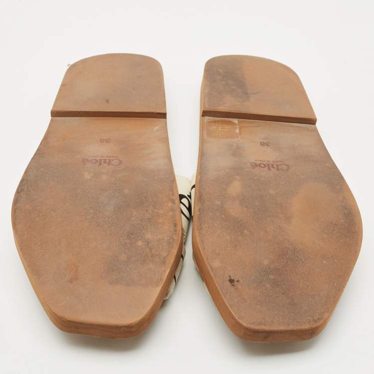 Pre Owned Chloe Off White Logo Print Canvas Woody Flat Slides Size 38