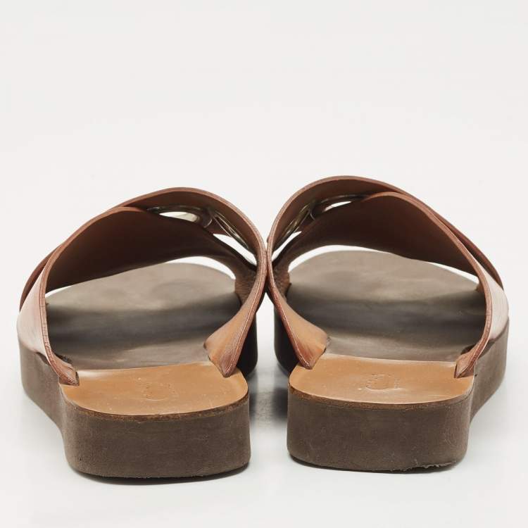 Pre Owned Chloe Brown Leather Crisscross Flat Slide Size 37