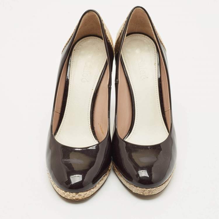 Pre Owned Chloe Black/Beige Patent Leather and Snakeskin Round Toe Pumps Size 36