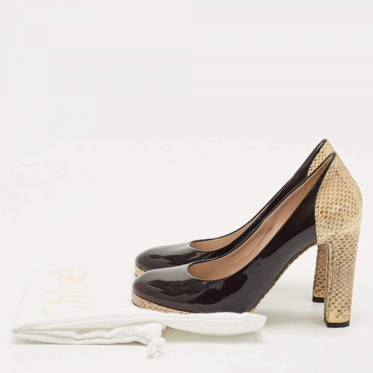 Pre Owned Chloe Black/Beige Patent Leather and Snakeskin Round Toe Pumps Size 36