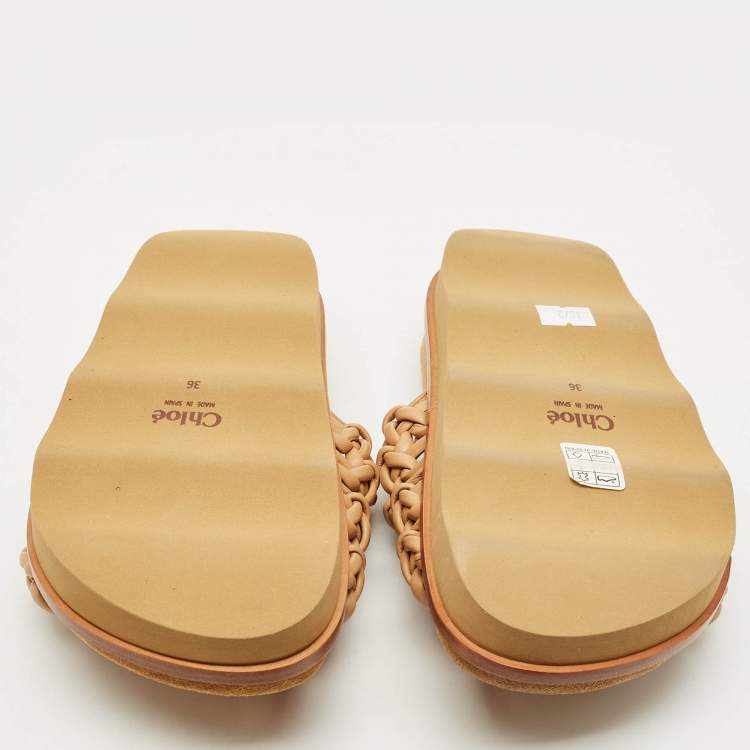 Pre Owned Chloe Brown Braided Leather Kacey Platform Slide Sandals Size 36