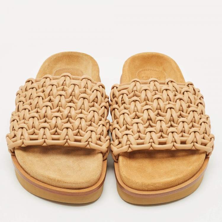 Pre Owned Chloe Brown Braided Leather Kacey Platform Slide Sandals Size 36