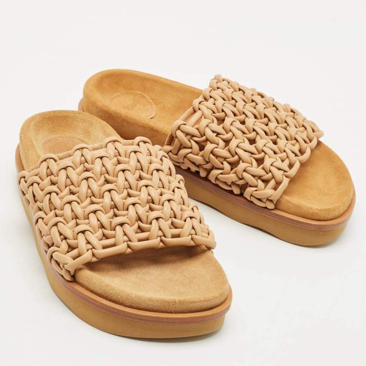 Pre Owned Chloe Brown Braided Leather Kacey Platform Slide Sandals Size 36
