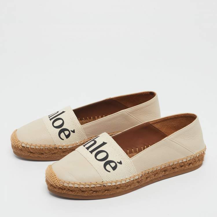 Pre Owned Chloe Cream Leather and Logo Canvas Woody Espadrille Flats Size 37