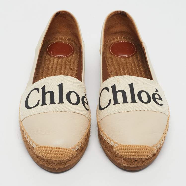 Pre Owned Chloe Cream Leather and Logo Canvas Woody Espadrille Flats Size 37