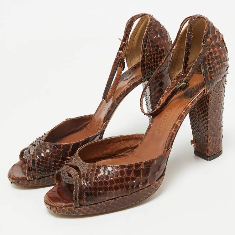 Pre Owned Chloe Dark Brown Python Ankle Strap Sandals Size 40