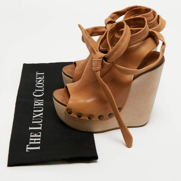 Pre Owned Chloe Tan Leather Ankle Wrap Platform Wedge Sandals Size 36