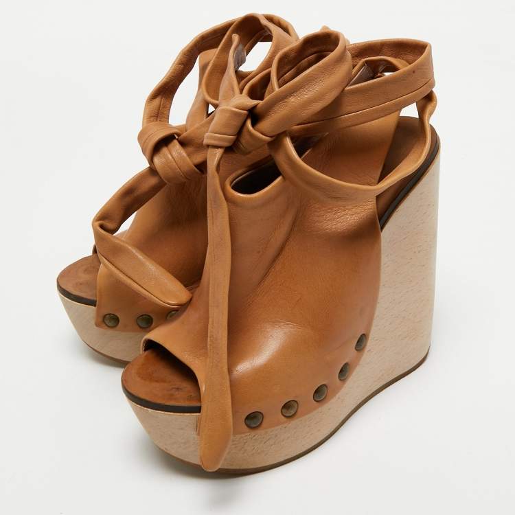 Pre Owned Chloe Tan Leather Ankle Wrap Platform Wedge Sandals Size 36