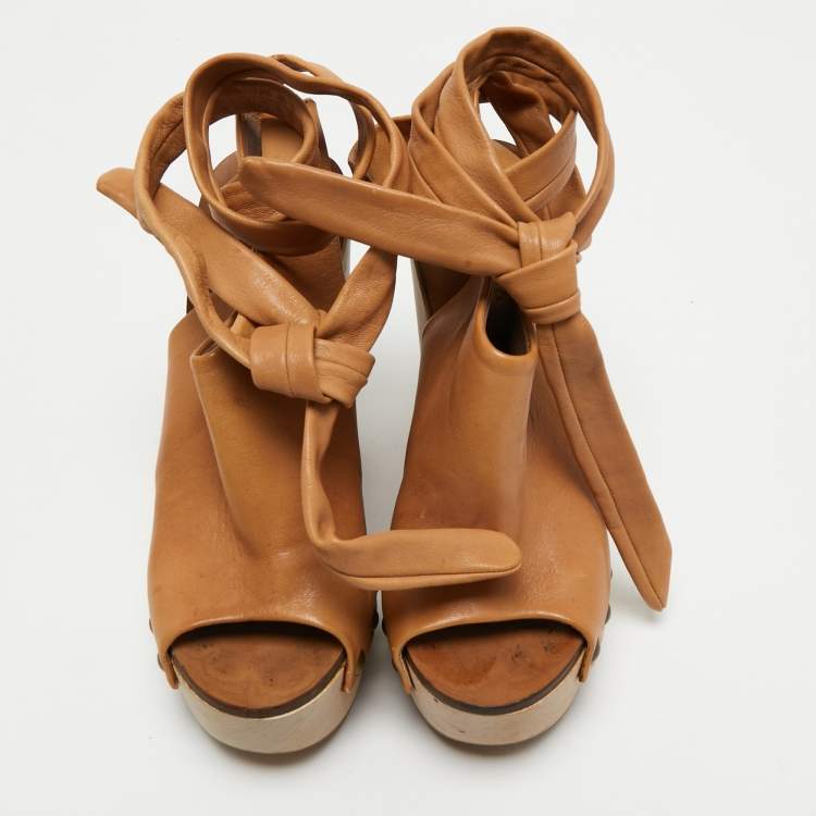 Pre Owned Chloe Tan Leather Ankle Wrap Platform Wedge Sandals Size 36