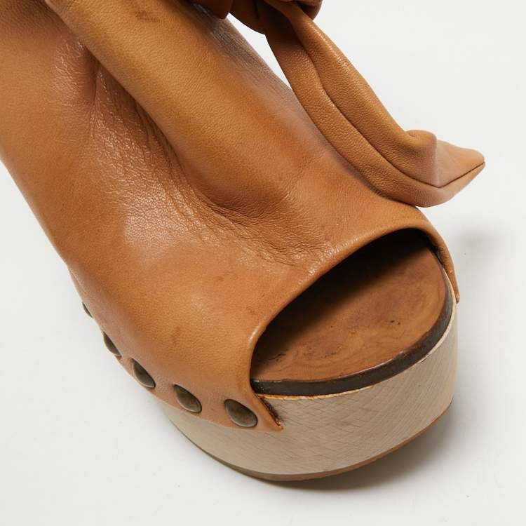 Pre Owned Chloe Tan Leather Ankle Wrap Platform Wedge Sandals Size 36