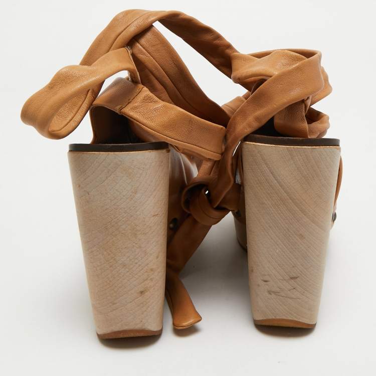 Pre Owned Chloe Tan Leather Ankle Wrap Platform Wedge Sandals Size 36