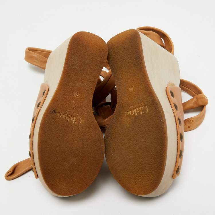 Pre Owned Chloe Tan Leather Ankle Wrap Platform Wedge Sandals Size 36