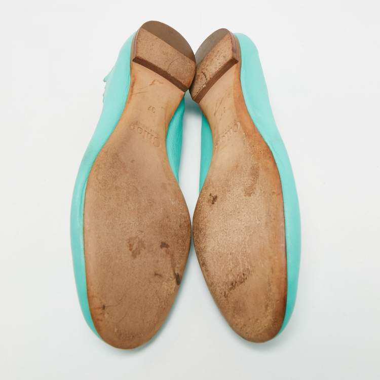 Pre Owned Chloe Turquoise Blue Leather Lauren Scalloped Ballet Flats Size 37