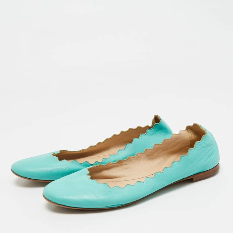 Pre Owned Chloe Turquoise Blue Leather Lauren Scalloped Ballet Flats Size 37