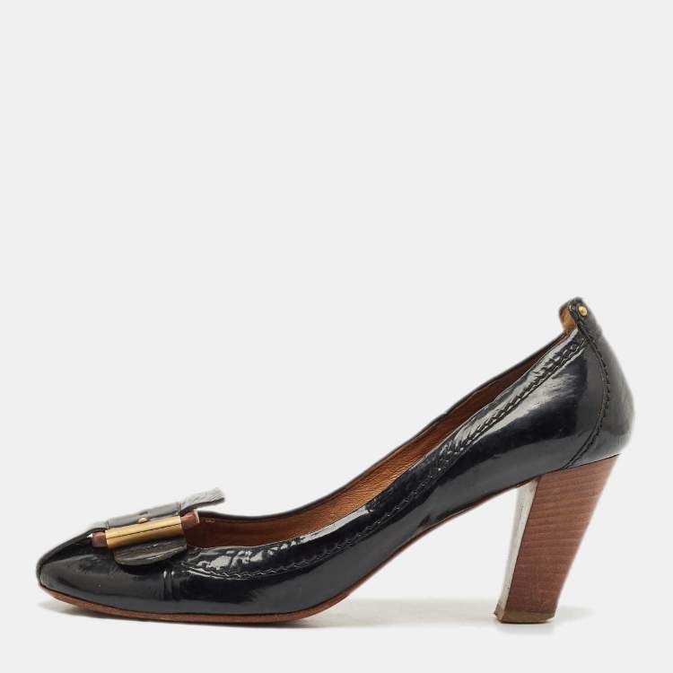Pre Owned Chloe Black Patent Leather Buckle Detail Block Heel Pumps Size 41