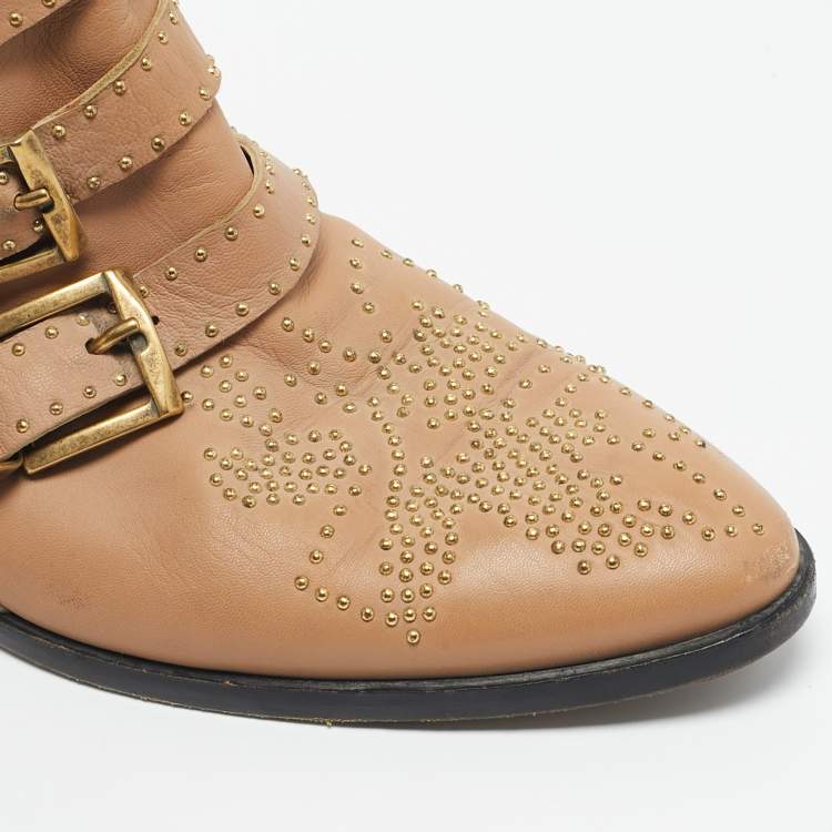 Pre Owned Chloe Tan Leather Studded Suzanna Ankle Boots Size 40