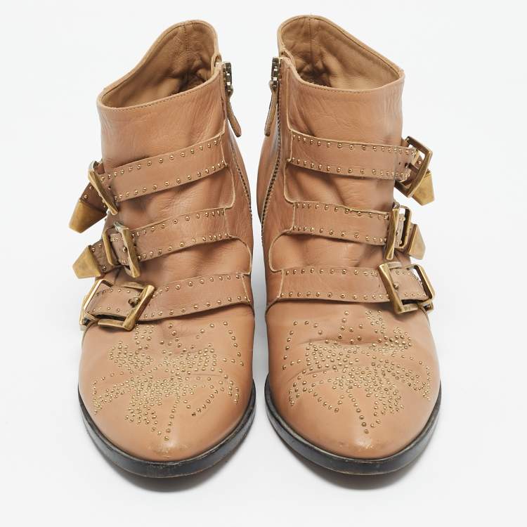 Pre Owned Chloe Tan Leather Studded Suzanna Ankle Boots Size 40