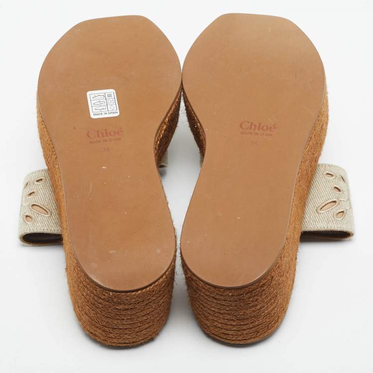 Pre Owned Chloe Beige/Brown Embroidered Canvas Woody Platform Espadrille Sandals Size 38