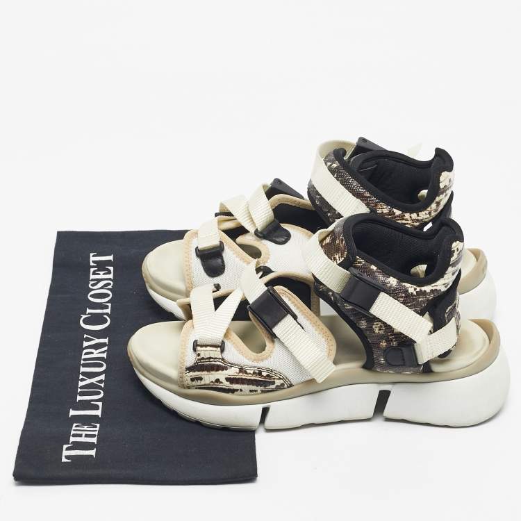 Pre Owned Chloe Beige/Brown Lizard Embossed Leather and Mesh Flat Sandals Size 36