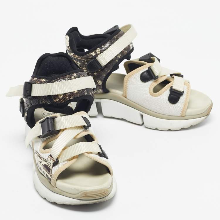 Pre Owned Chloe Beige/Brown Lizard Embossed Leather and Mesh Flat Sandals Size 36