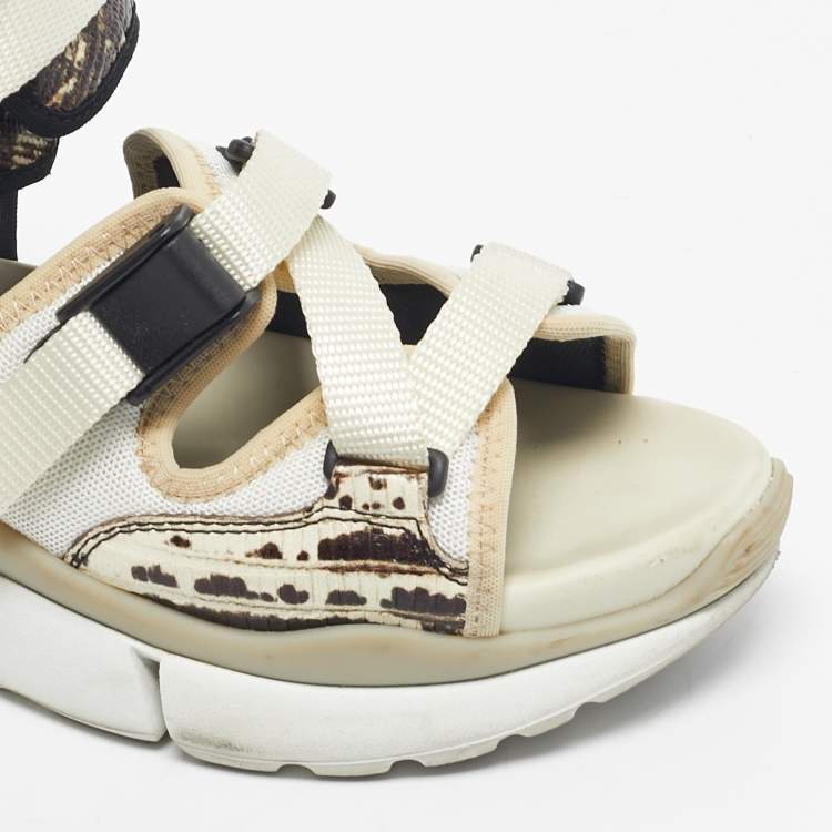 Pre Owned Chloe Beige/Brown Lizard Embossed Leather and Mesh Flat Sandals Size 36