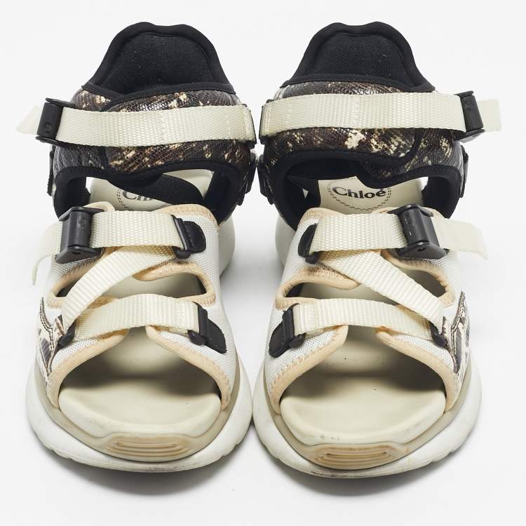 Pre Owned Chloe Beige/Brown Lizard Embossed Leather and Mesh Flat Sandals Size 36