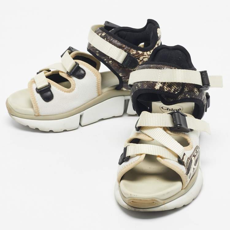 Pre Owned Chloe Beige/Brown Lizard Embossed Leather and Mesh Flat Sandals Size 36