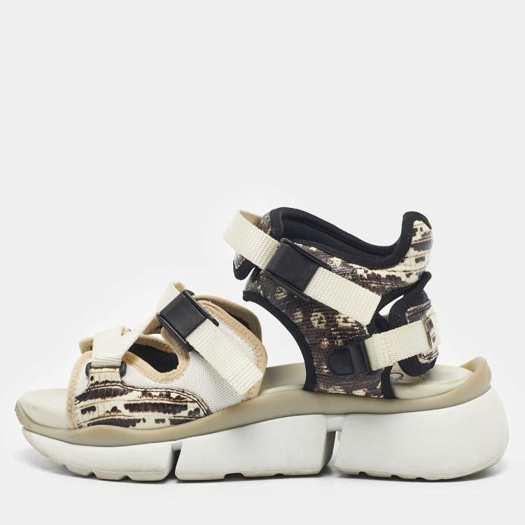 Pre Owned Chloe Beige/Brown Lizard Embossed Leather and Mesh Flat Sandals Size 36