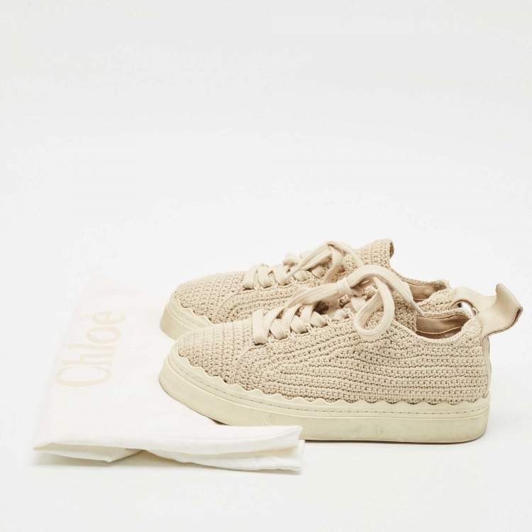 Pre Owned Chloe Beige Knit Fabric Lauren Lace Up Sneakers Size 37-38